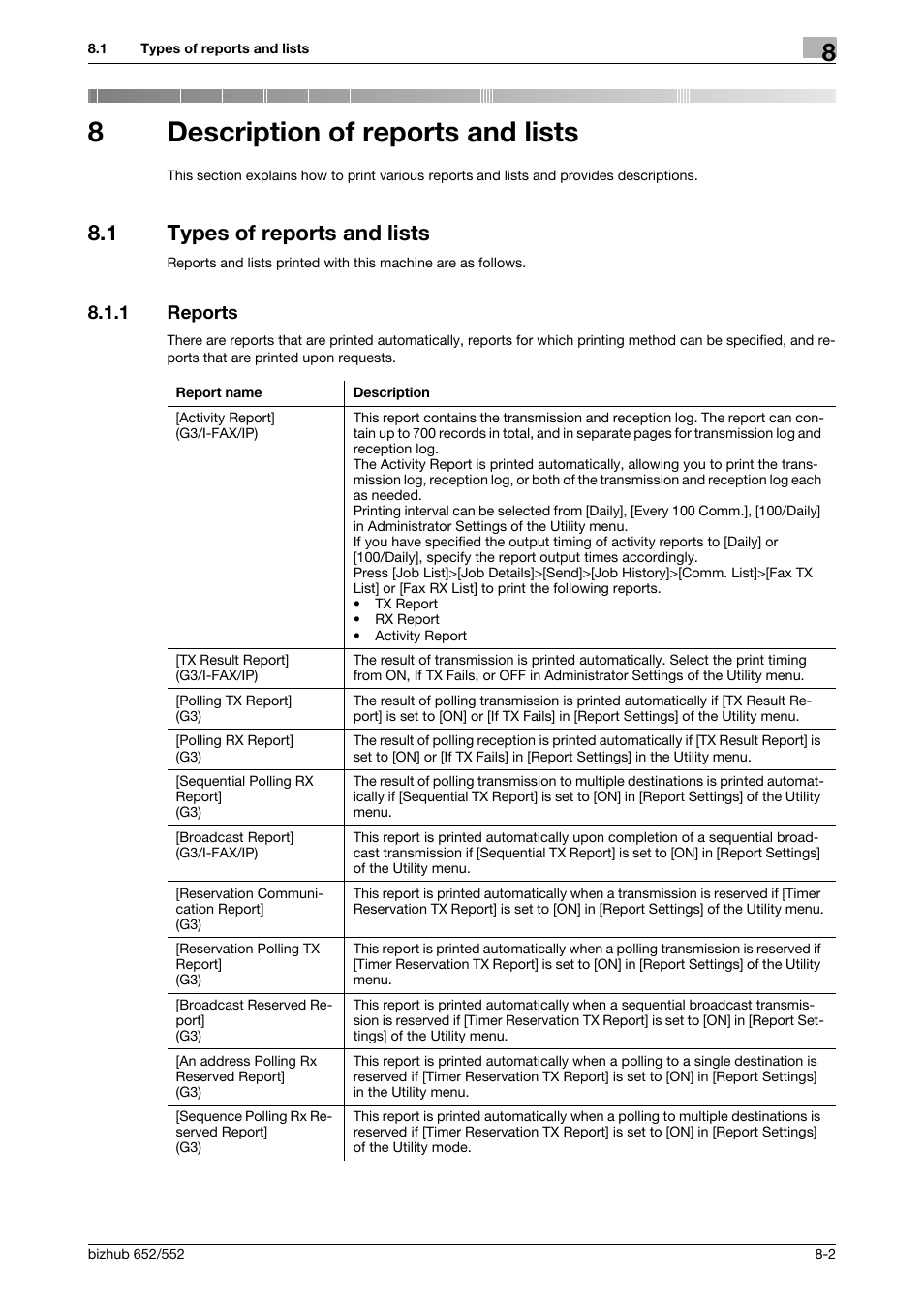 8 description of reports and lists, 1 types of reports and lists, 1 reports | Description of reports and lists, Types of reports and lists -2, Reports -2, 8description of reports and lists | Konica Minolta bizhub 552 User Manual | Page 150 / 310