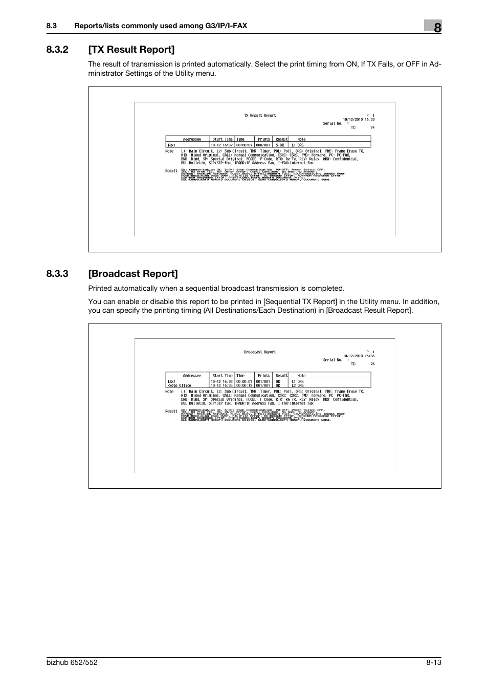 2 [tx result report, 3 [broadcast report, Tx result report] -13 | Broadcast report] -13 | Konica Minolta bizhub 552 User Manual | Page 161 / 310