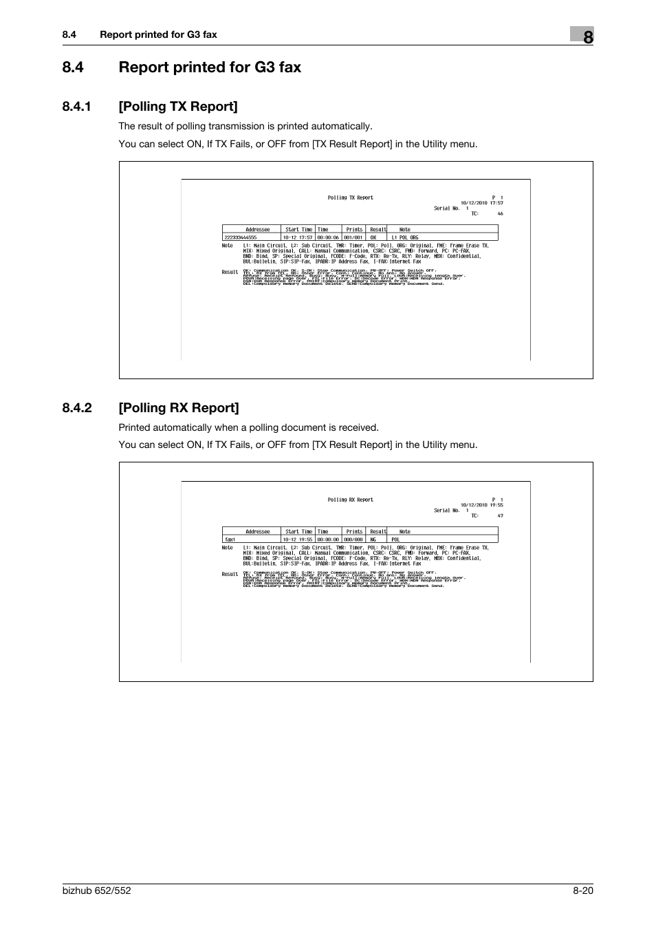 4 report printed for g3 fax, 1 [polling tx report, 2 [polling rx report | Report printed for g3 fax -20, Polling tx report] -20, Polling rx report] -20 | Konica Minolta bizhub 552 User Manual | Page 168 / 310