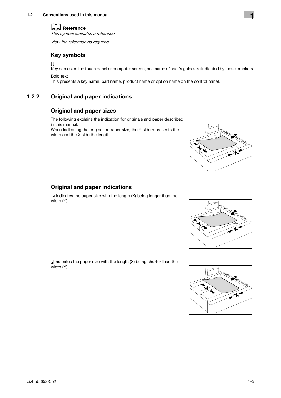 Key symbols, 2 original and paper indications, Original and paper sizes | Original and paper indications, Key symbols -5 | Konica Minolta bizhub 552 User Manual | Page 17 / 310