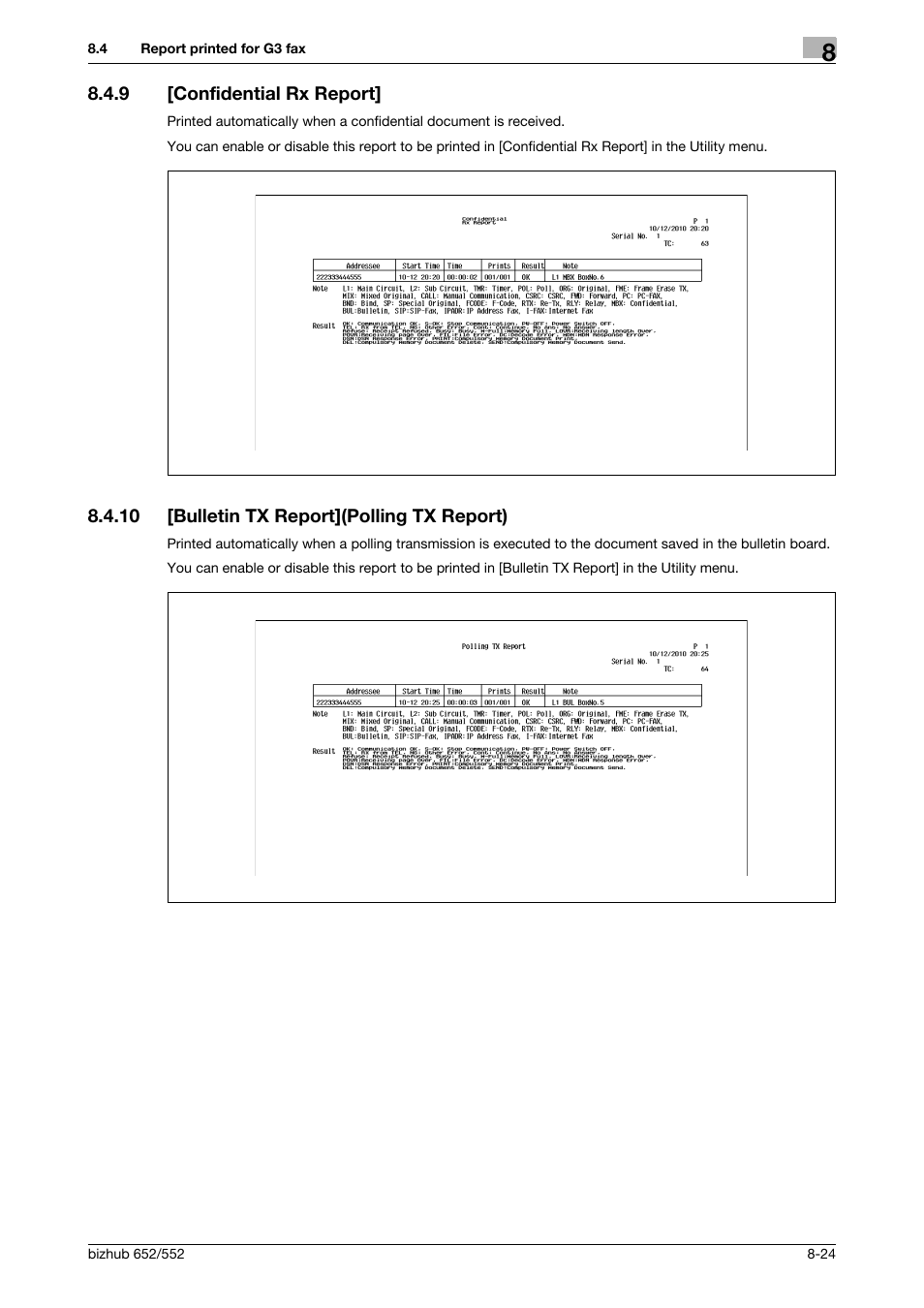 9 [confidential rx report, 10 [bulletin tx report](polling tx report), Confidential rx report] -24 | Bulletin tx report](polling tx report) -24 | Konica Minolta bizhub 552 User Manual | Page 172 / 310