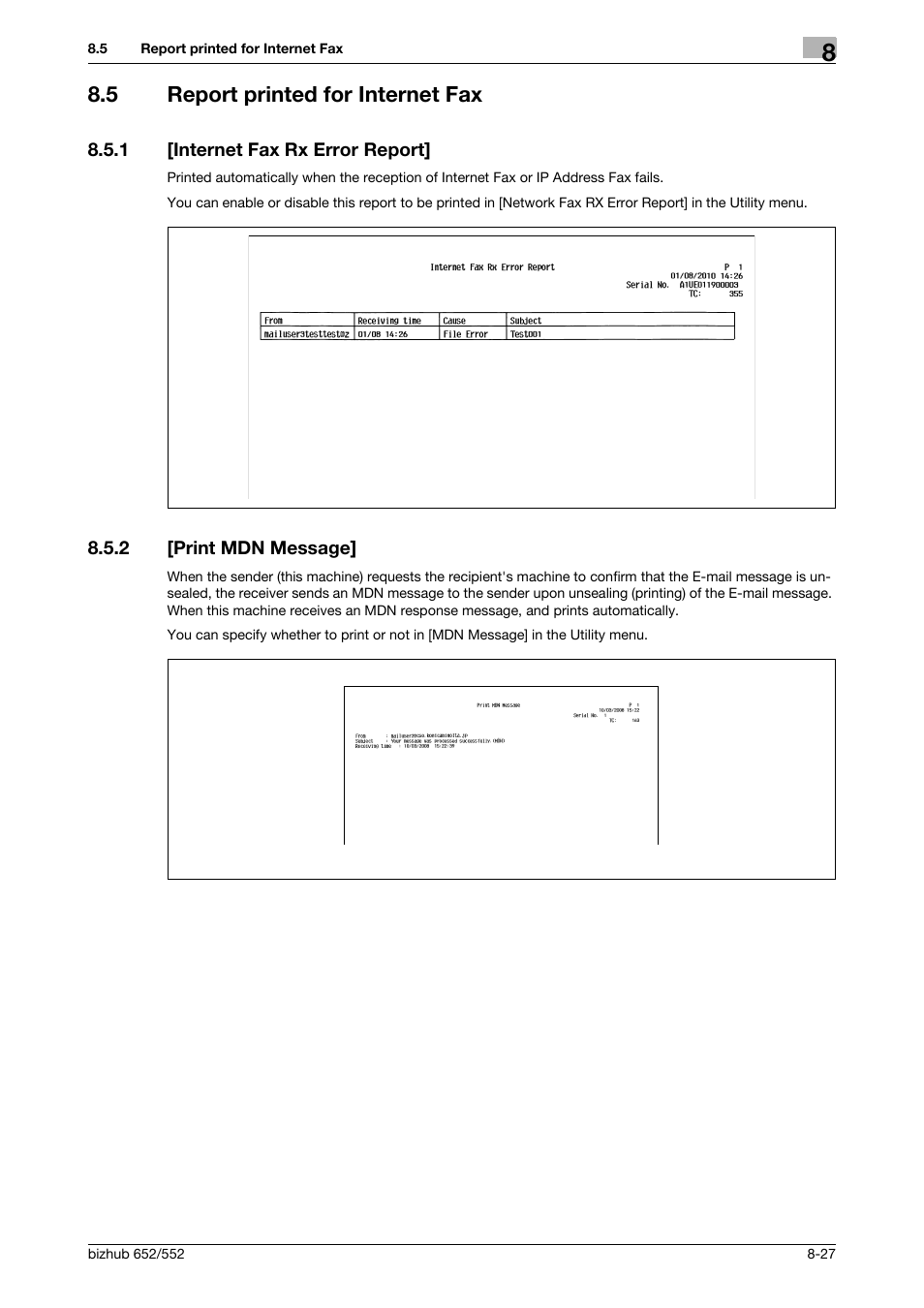 5 report printed for internet fax, 1 [internet fax rx error report, 2 [print mdn message | Report printed for internet fax -27, Internet fax rx error report] -27, Print mdn message] -27 | Konica Minolta bizhub 552 User Manual | Page 175 / 310