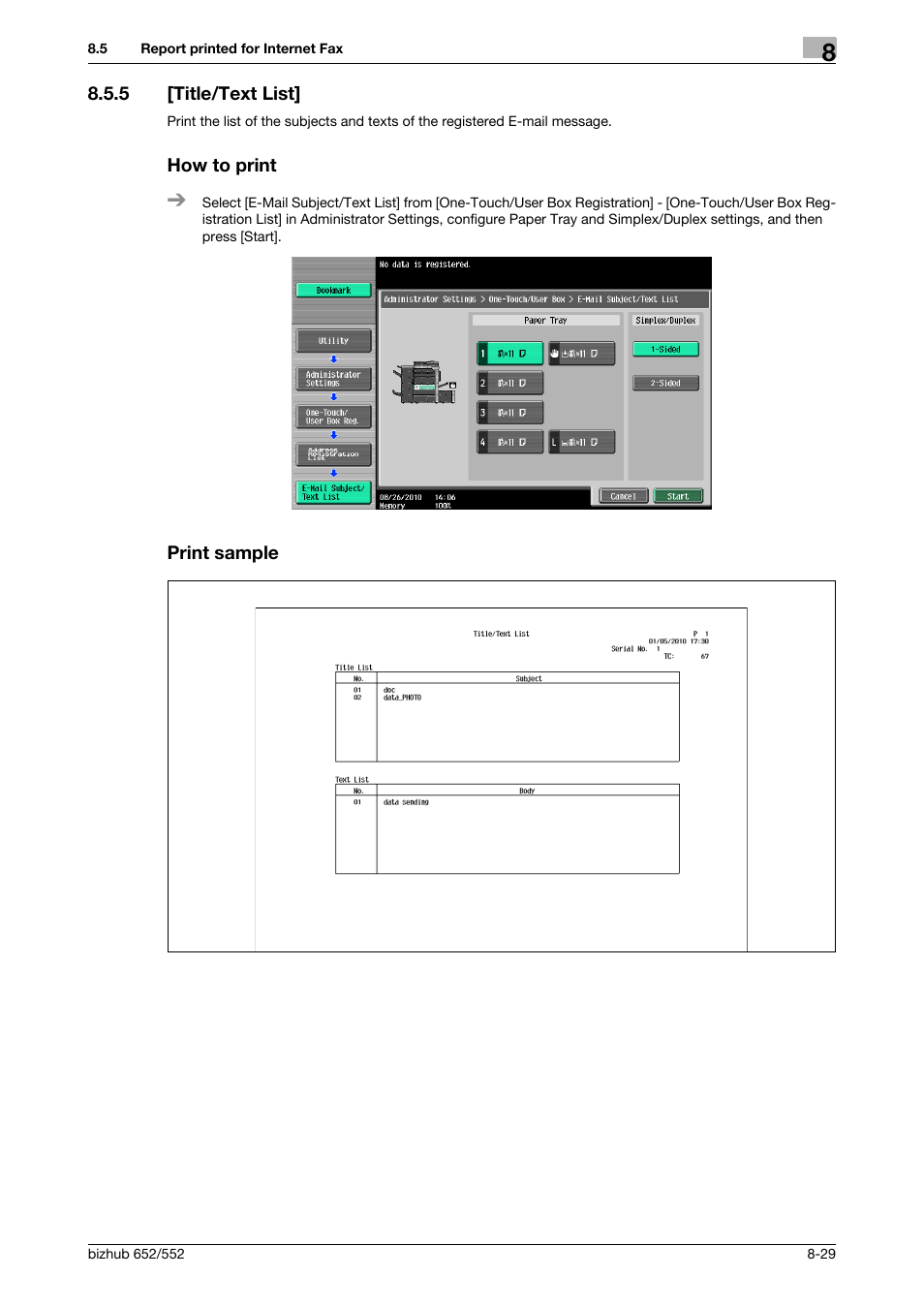 5 [title/text list, How to print, Print sample | Konica Minolta bizhub 552 User Manual | Page 177 / 310