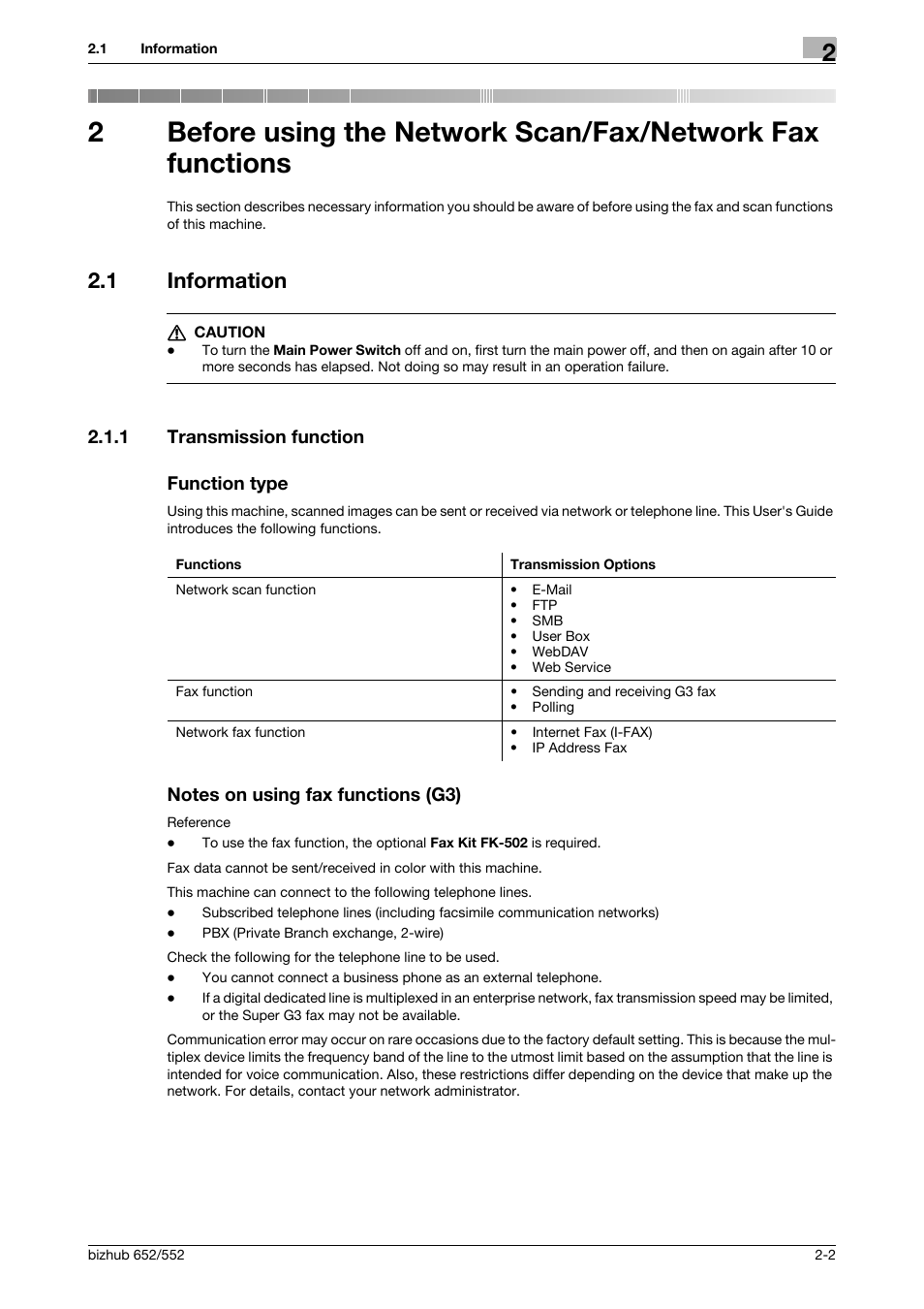 1 information, 1 transmission function, Function type | Notes on using fax functions (g3), Information -2, 1 transmission function function type | Konica Minolta bizhub 552 User Manual | Page 19 / 310