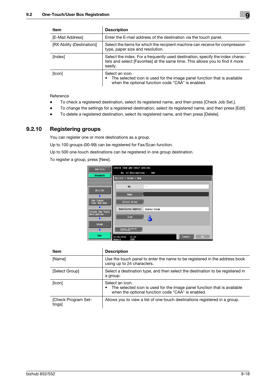 10 registering groups, Registering groups -18, Roup] (p. 9-18) | Konica Minolta bizhub 552 User Manual | Page 196 / 310