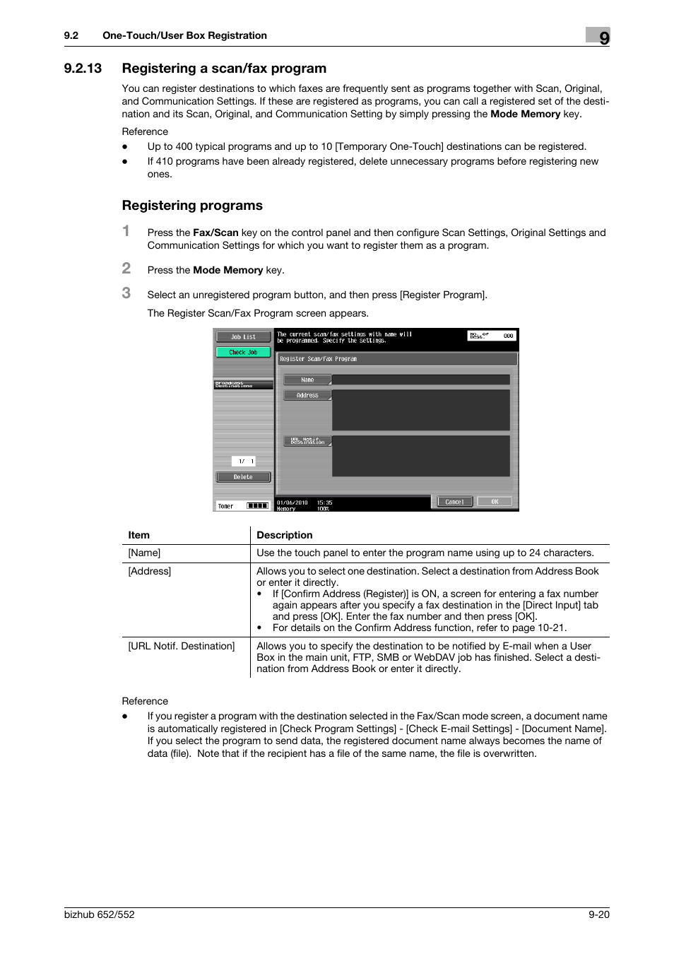 13 registering a scan/fax program, Registering programs | Konica Minolta bizhub 552 User Manual | Page 198 / 310