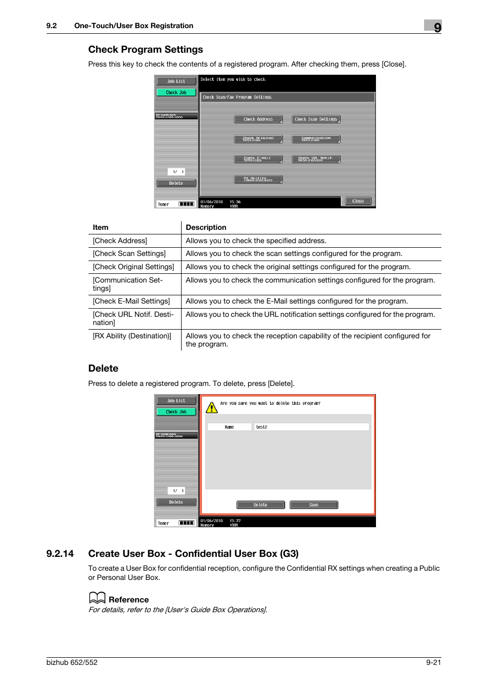 Check program settings, Delete, 14 create user box - confidential user box (g3) | Check program settings -21 delete -21, Create user box - confidential user box (g3) -21 | Konica Minolta bizhub 552 User Manual | Page 199 / 310