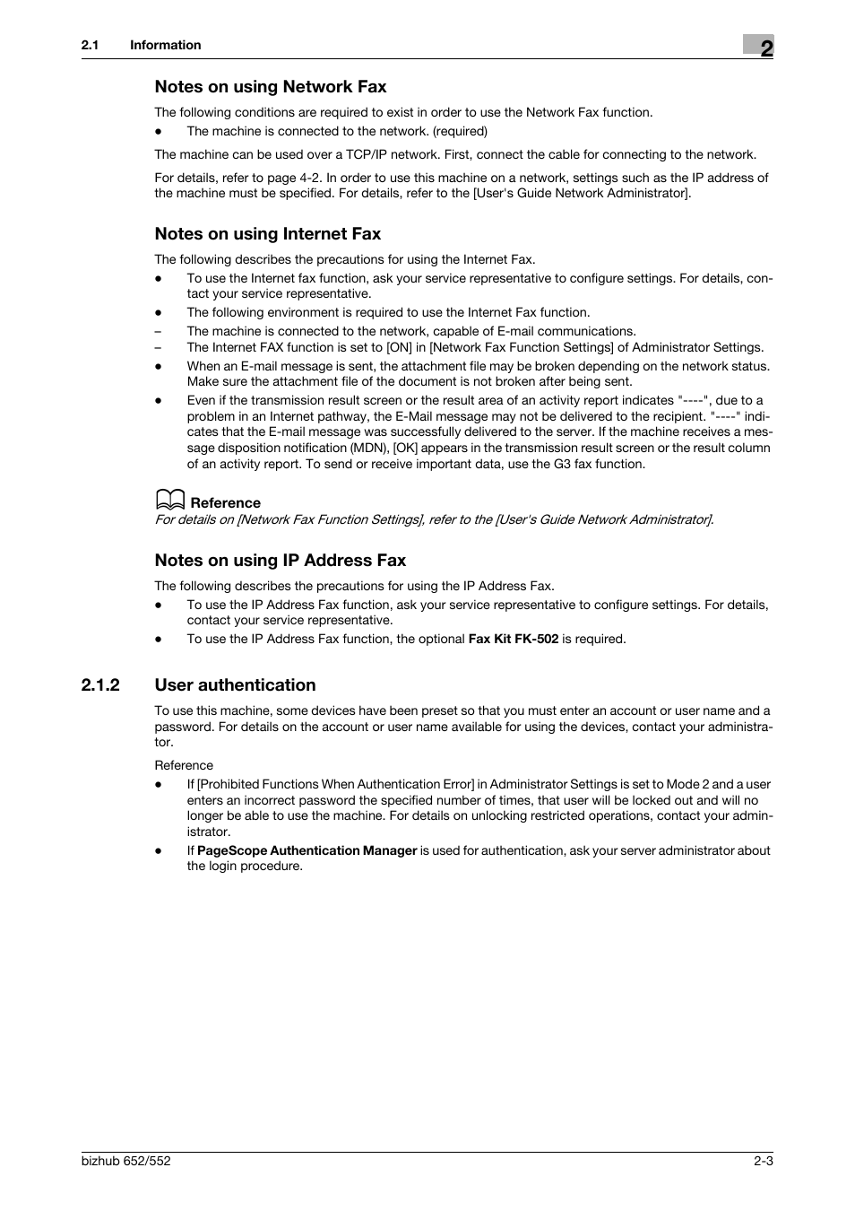 Notes on using network fax, Notes on using internet fax, Notes on using ip address fax | 2 user authentication, User authentication -3 | Konica Minolta bizhub 552 User Manual | Page 20 / 310