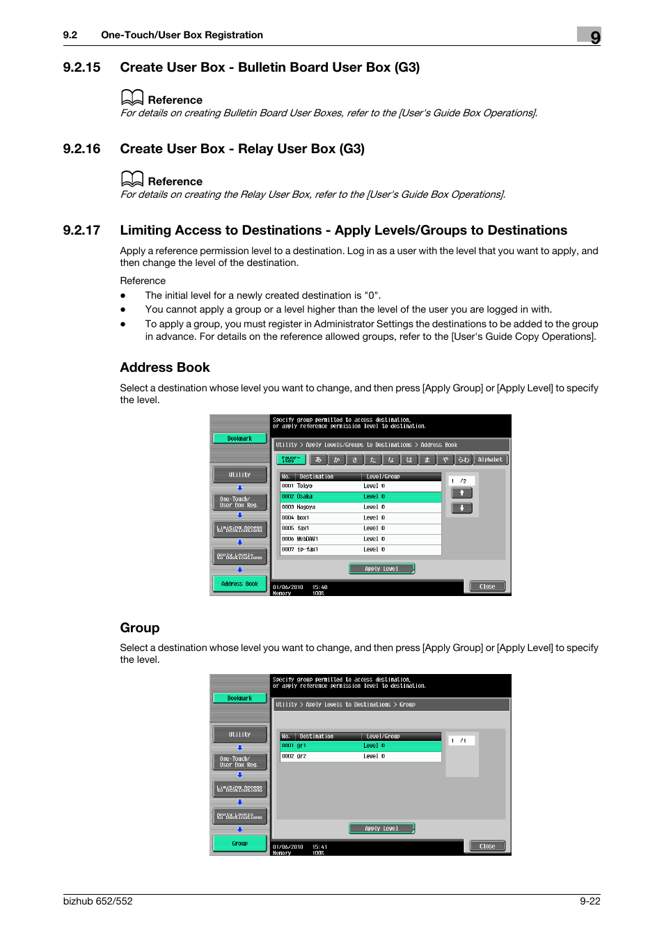 15 create user box - bulletin board user box (g3), 16 create user box - relay user box (g3), Address book | Group, Create user box - bulletin board user box (g3) -22, Create user box - relay user box (g3) -22, P. 9-22), Book] (p. 9-22) | Konica Minolta bizhub 552 User Manual | Page 200 / 310