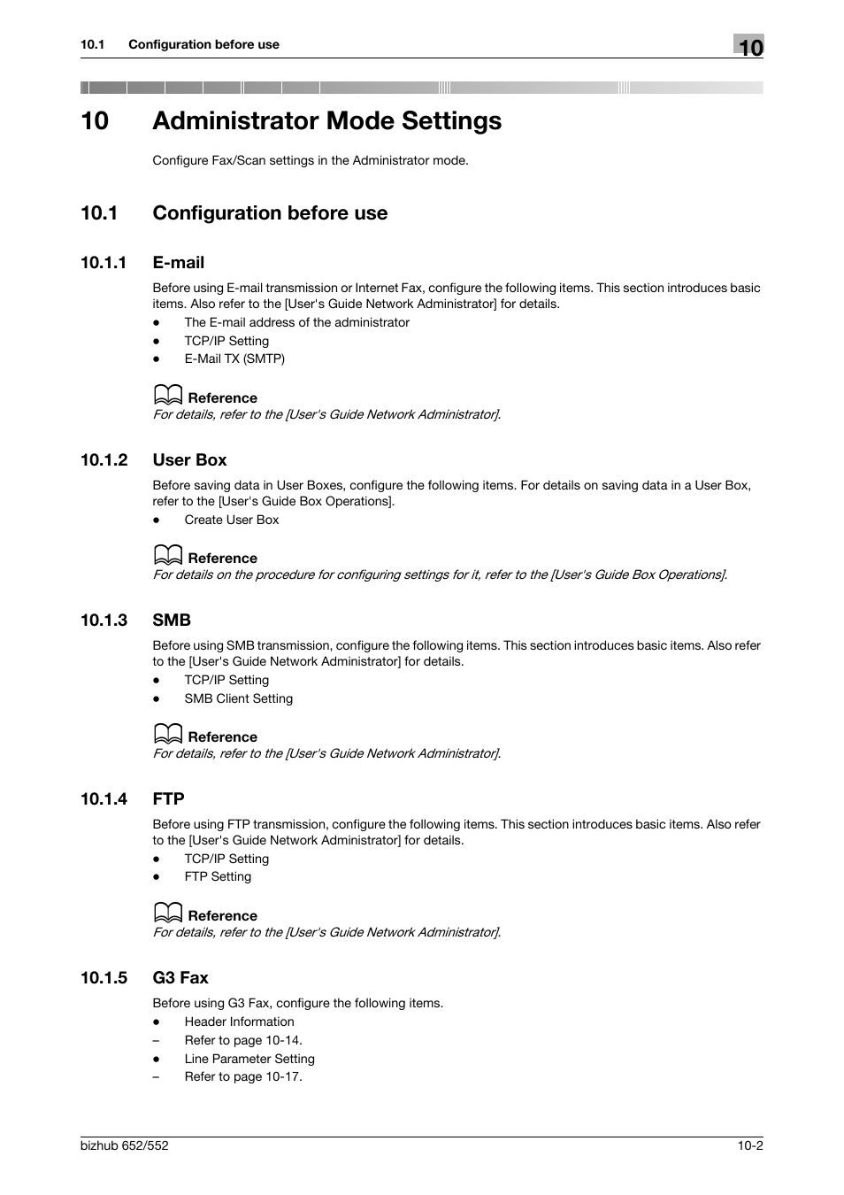 10 administrator mode settings, 1 configuration before use, 1 e-mail | 2 user box, 3 smb, 4 ftp, 5 g3 fax, Administrator mode settings, Configuration before use -2, E-mail -2 | Konica Minolta bizhub 552 User Manual | Page 207 / 310