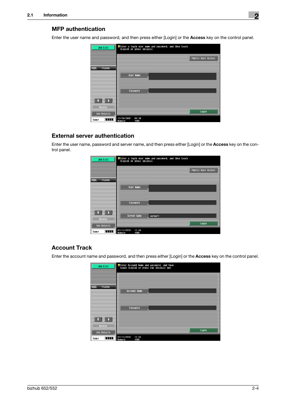 Mfp authentication, External server authentication, Account track | Konica Minolta bizhub 552 User Manual | Page 21 / 310