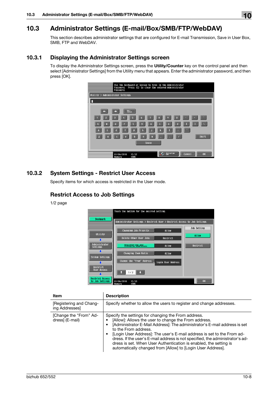 1 displaying the administrator settings screen, 2 system settings - restrict user access, Restrict access to job settings | Displaying the administrator settings screen -8, P. 10-8 | Konica Minolta bizhub 552 User Manual | Page 213 / 310