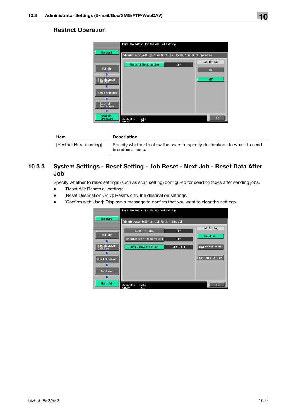 Restrict operation, Restrict operation -9, Tion] (p. 10-9) | P. 10-9 | Konica Minolta bizhub 552 User Manual | Page 214 / 310