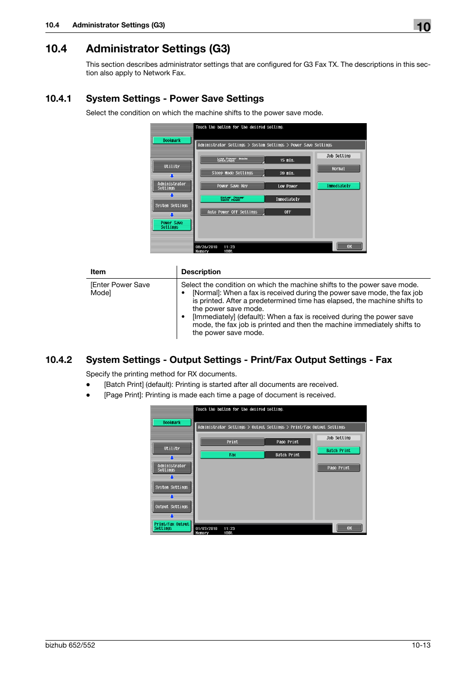 4 administrator settings (g3), 1 system settings - power save settings, Administrator settings (g3) -13 | System settings - power save settings -13, Mode] (p. 10-13), Fax] (p. 10-13) | Konica Minolta bizhub 552 User Manual | Page 218 / 310