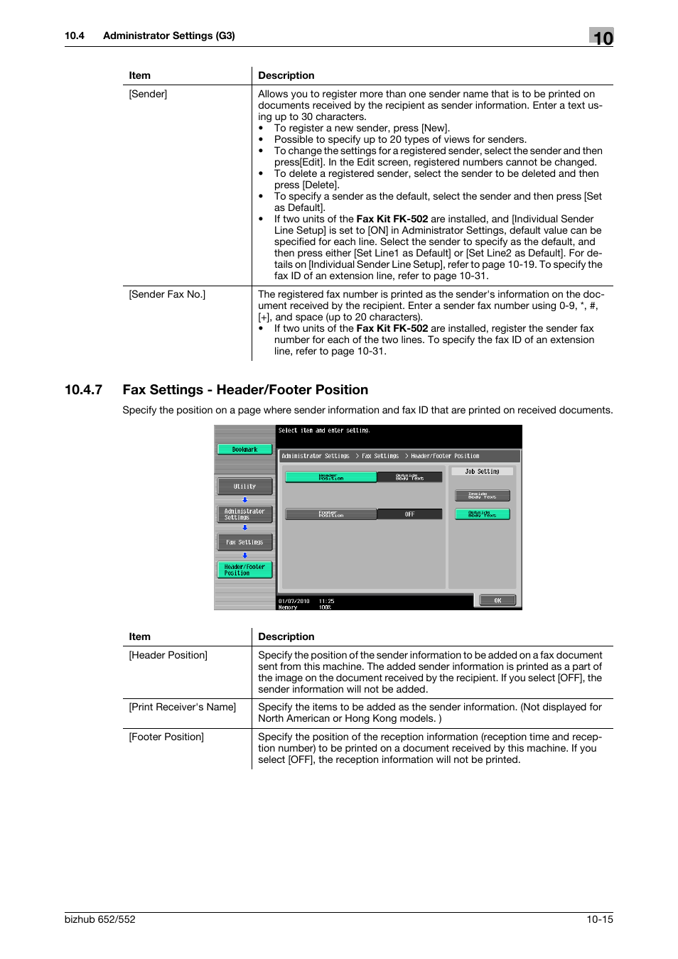 7 fax settings - header/footer position, Fax settings - header/footer position -15, P. 10-15) | Konica Minolta bizhub 552 User Manual | Page 220 / 310