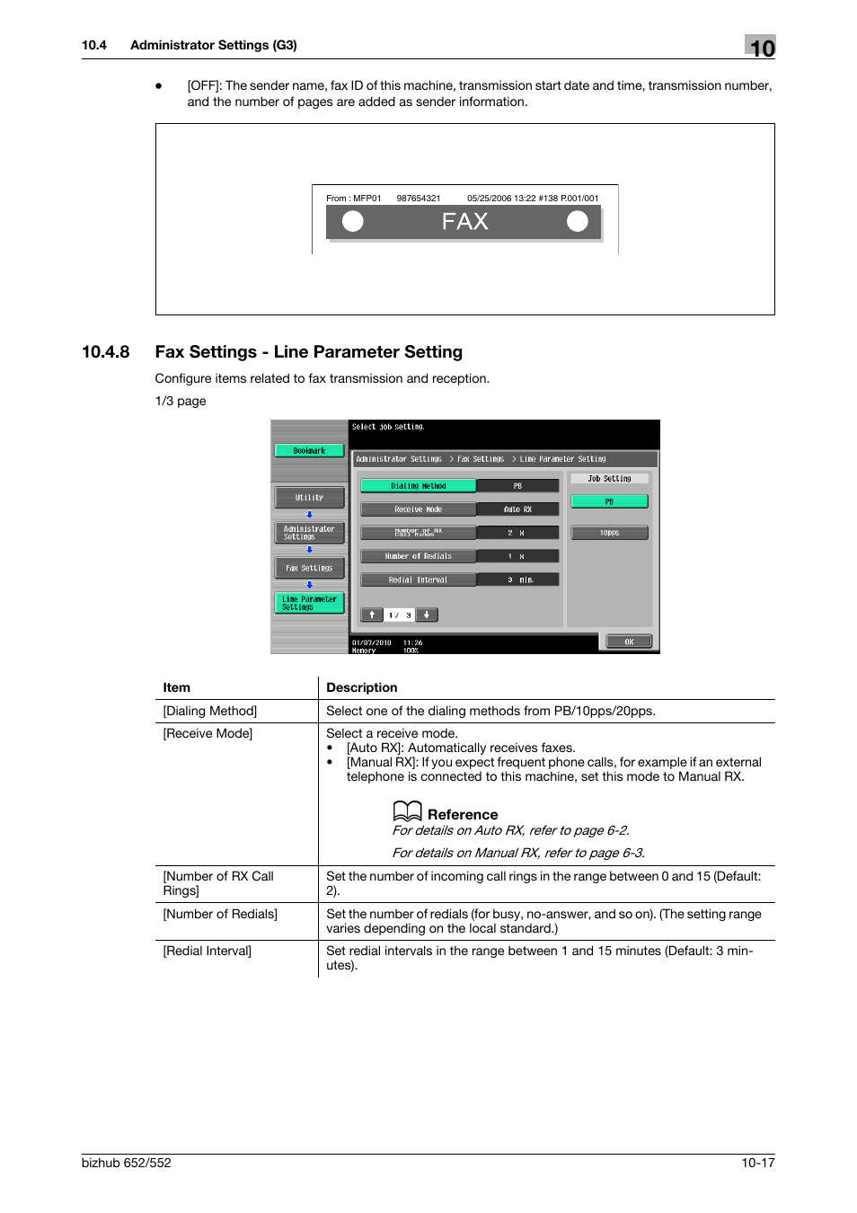 8 fax settings - line parameter setting, Fax settings - line parameter setting -17, P. 10-17) | Konica Minolta bizhub 552 User Manual | Page 222 / 310