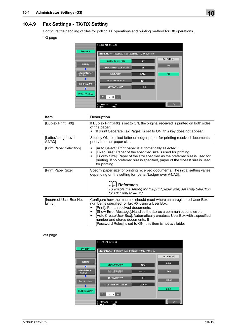 9 fax settings - tx/rx setting, Fax settings - tx/rx setting -19, P. 10-19) | Konica Minolta bizhub 552 User Manual | Page 224 / 310