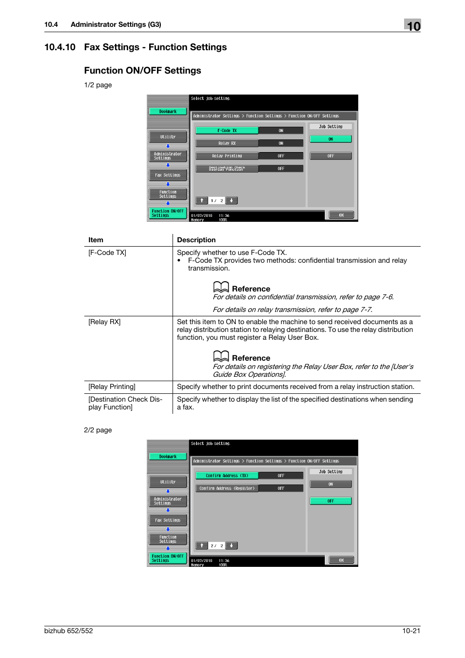 10 fax settings - function settings, Function on/off settings, P. 10-21) | Konica Minolta bizhub 552 User Manual | Page 226 / 310