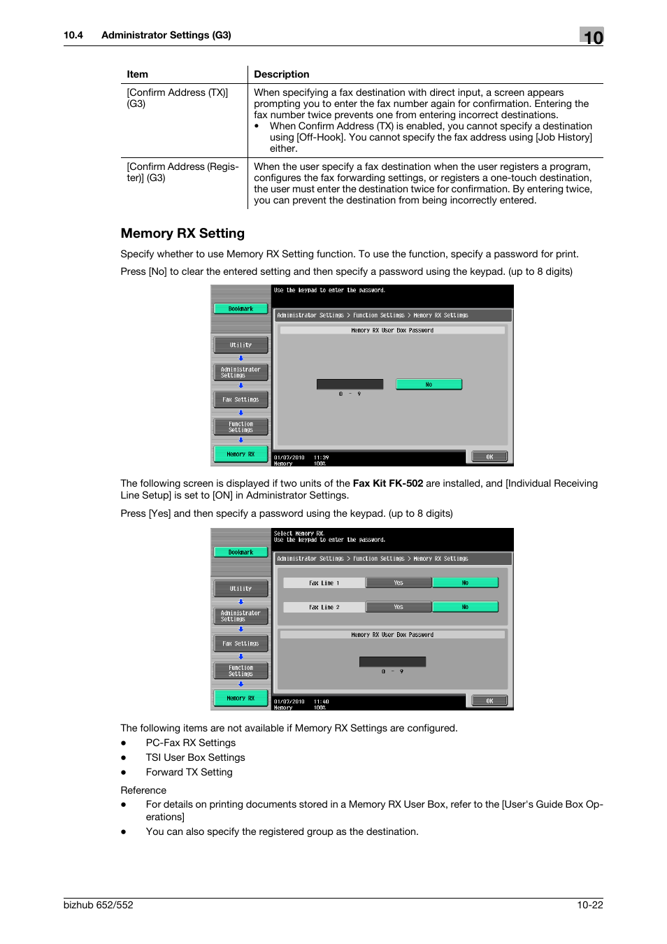 Memory rx setting, Memory rx setting -22, P. 10-22) | Konica Minolta bizhub 552 User Manual | Page 227 / 310