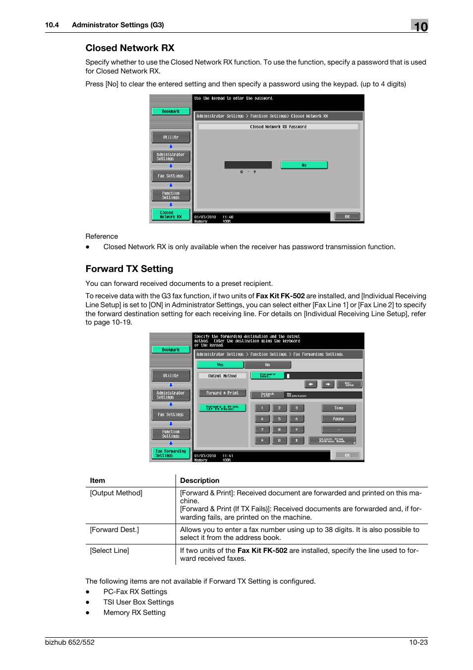 Closed network rx, Forward tx setting, Closed network rx -23 forward tx setting -23 | Losed network rx] (p. 10-23), Ing] (p. 10-23) | Konica Minolta bizhub 552 User Manual | Page 228 / 310