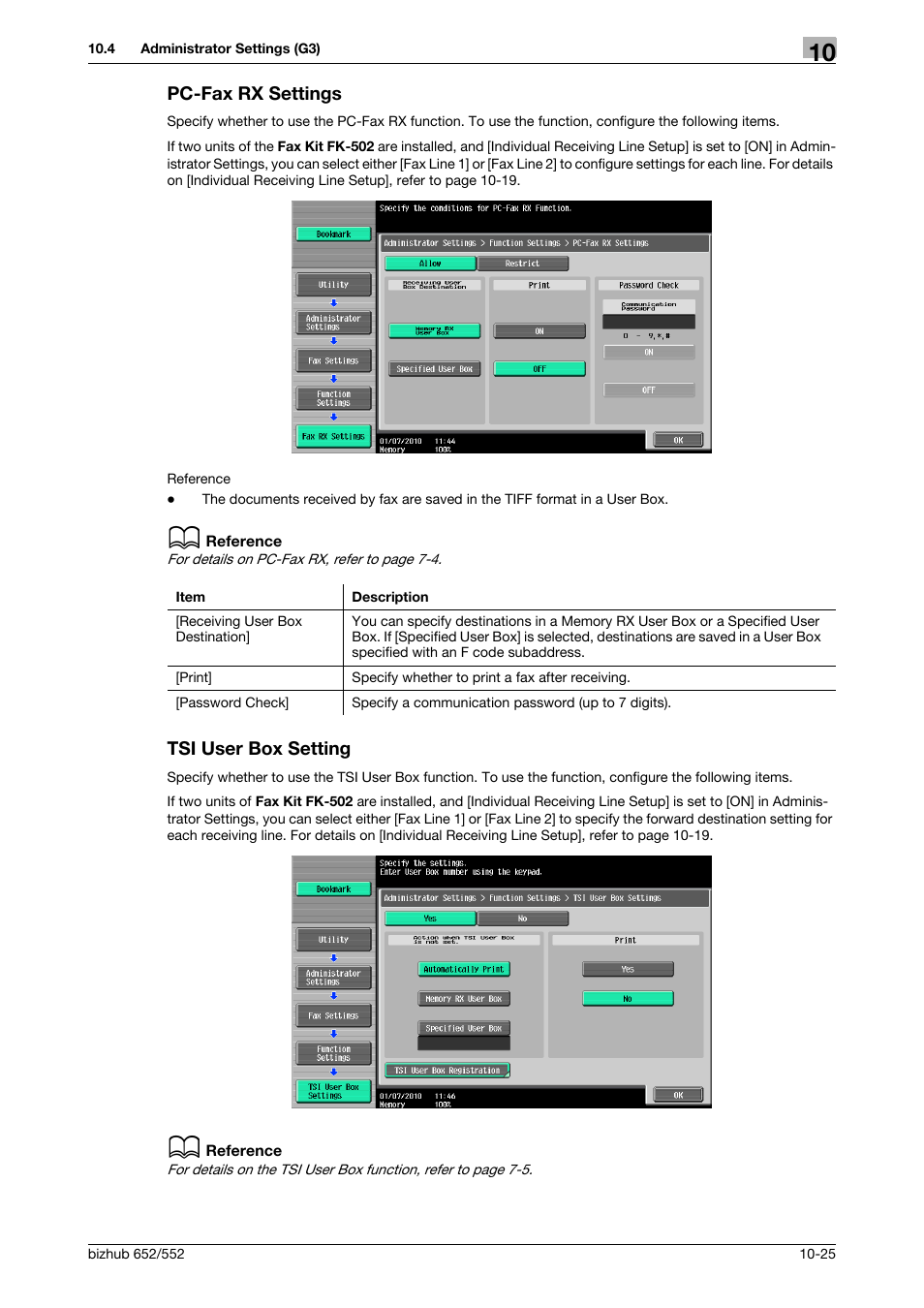 Pc-fax rx settings, Tsi user box setting, Pc-fax rx settings -25 tsi user box setting -25 | Ting] (p. 10-25), Ing] (p. 10-25) | Konica Minolta bizhub 552 User Manual | Page 230 / 310