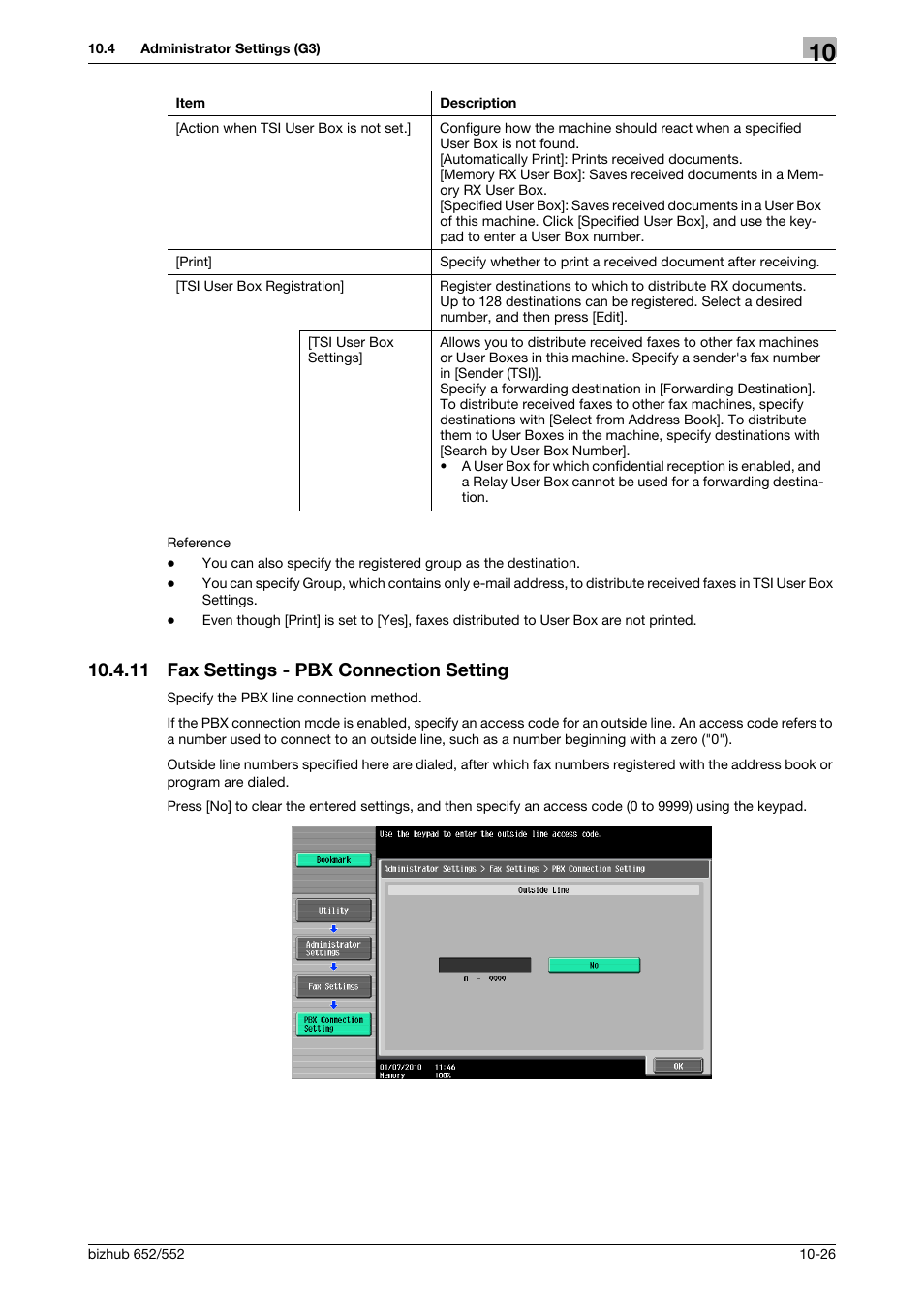 11 fax settings - pbx connection setting, Fax settings - pbx connection setting -26, Ing] (p. 10-26) | Konica Minolta bizhub 552 User Manual | Page 231 / 310