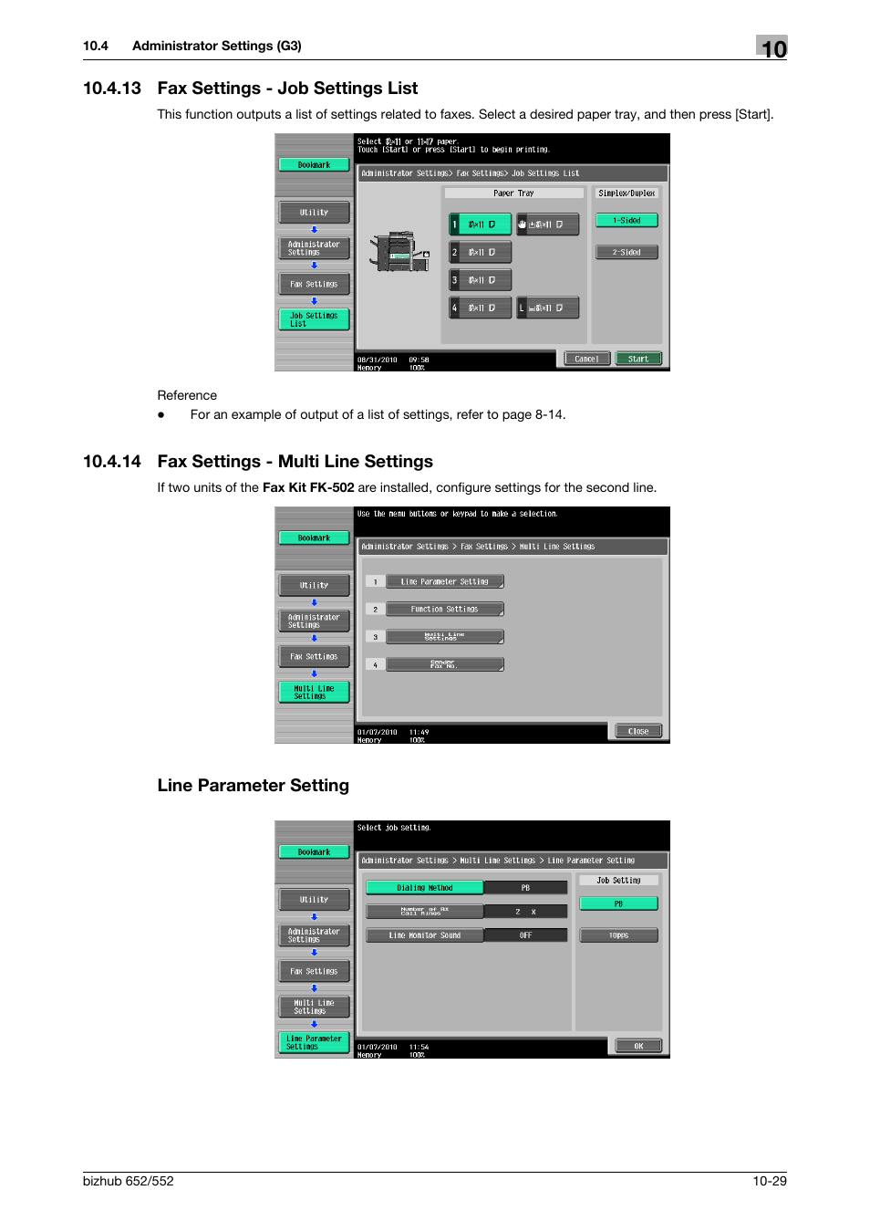 13 fax settings - job settings list, 14 fax settings - multi line settings, Line parameter setting | Fax settings - job settings list -29, St] (p. 10-29), Ngs] (p. 10-29), Ing] (p. 10-29) | Konica Minolta bizhub 552 User Manual | Page 234 / 310