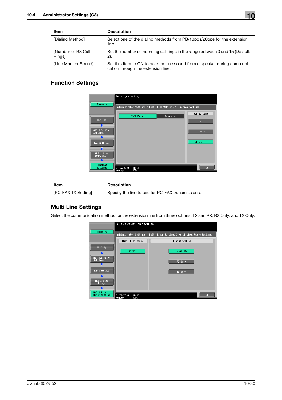 Function settings, Multi line settings, Function settings -30 multi line settings -30 | Tings] (p. 10-30), P. 10-30), Function settings multi line settings | Konica Minolta bizhub 552 User Manual | Page 235 / 310