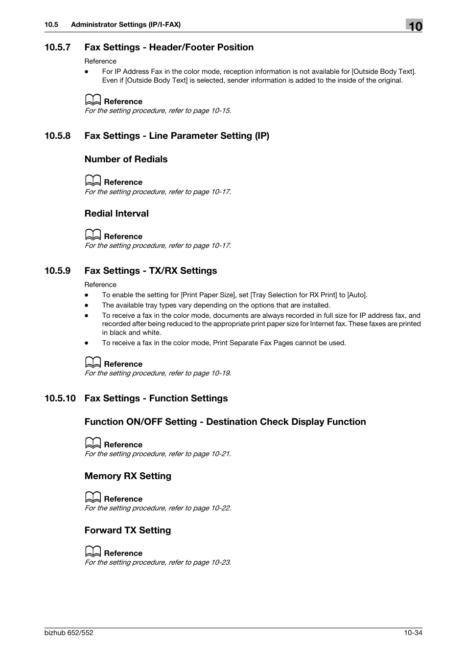 7 fax settings - header/footer position, 8 fax settings - line parameter setting (ip), Number of redials | Redial interval, 9 fax settings - tx/rx settings, 10 fax settings - function settings, Memory rx setting, Forward tx setting, Fax settings - header/footer position -34, Fax settings - tx/rx settings -34 | Konica Minolta bizhub 552 User Manual | Page 239 / 310