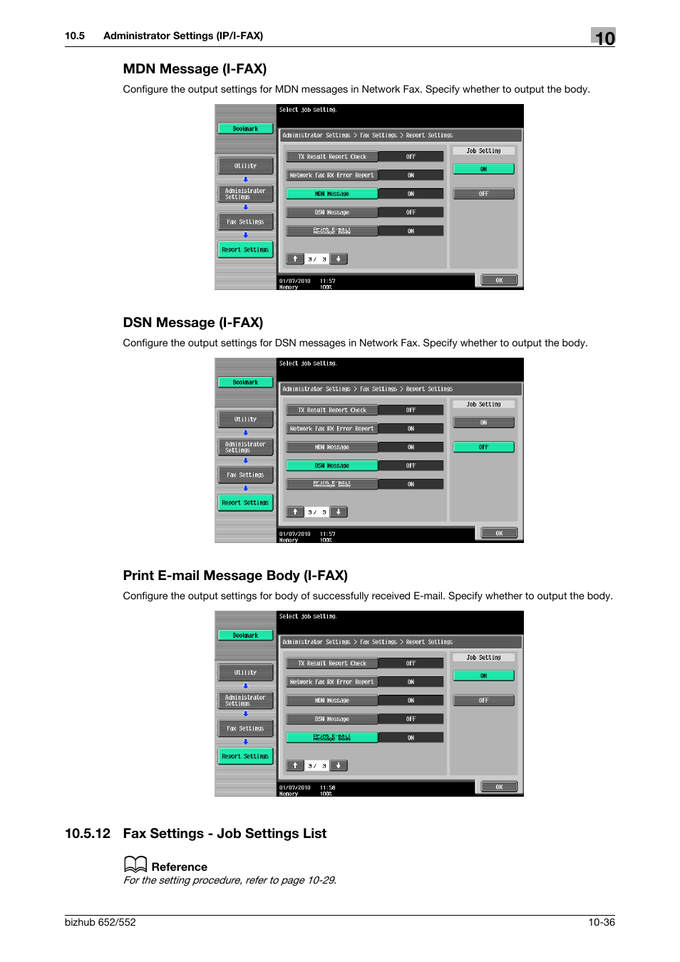 Mdn message (i-fax), Dsn message (i-fax), Print e-mail message body (i-fax) | 12 fax settings - job settings list, Fax settings - job settings list -36, E] (p. 10-36), Dsn message] (p. 10-36), Dy] (p. 10-36) | Konica Minolta bizhub 552 User Manual | Page 241 / 310