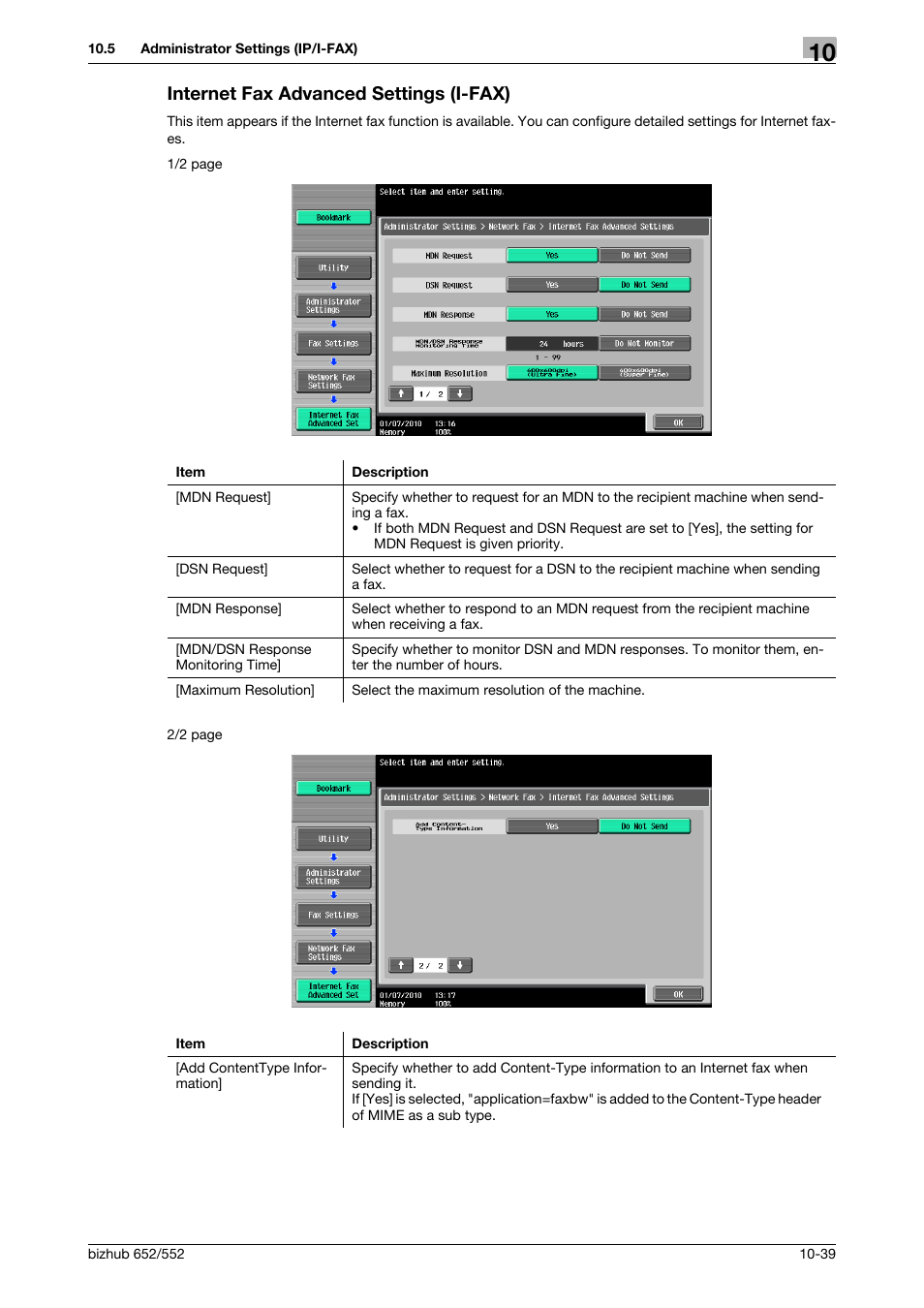 Internet fax advanced settings (i-fax), Internet fax advanced settings (i-fax) -39, Ttings] (p. 10-39) | Konica Minolta bizhub 552 User Manual | Page 244 / 310