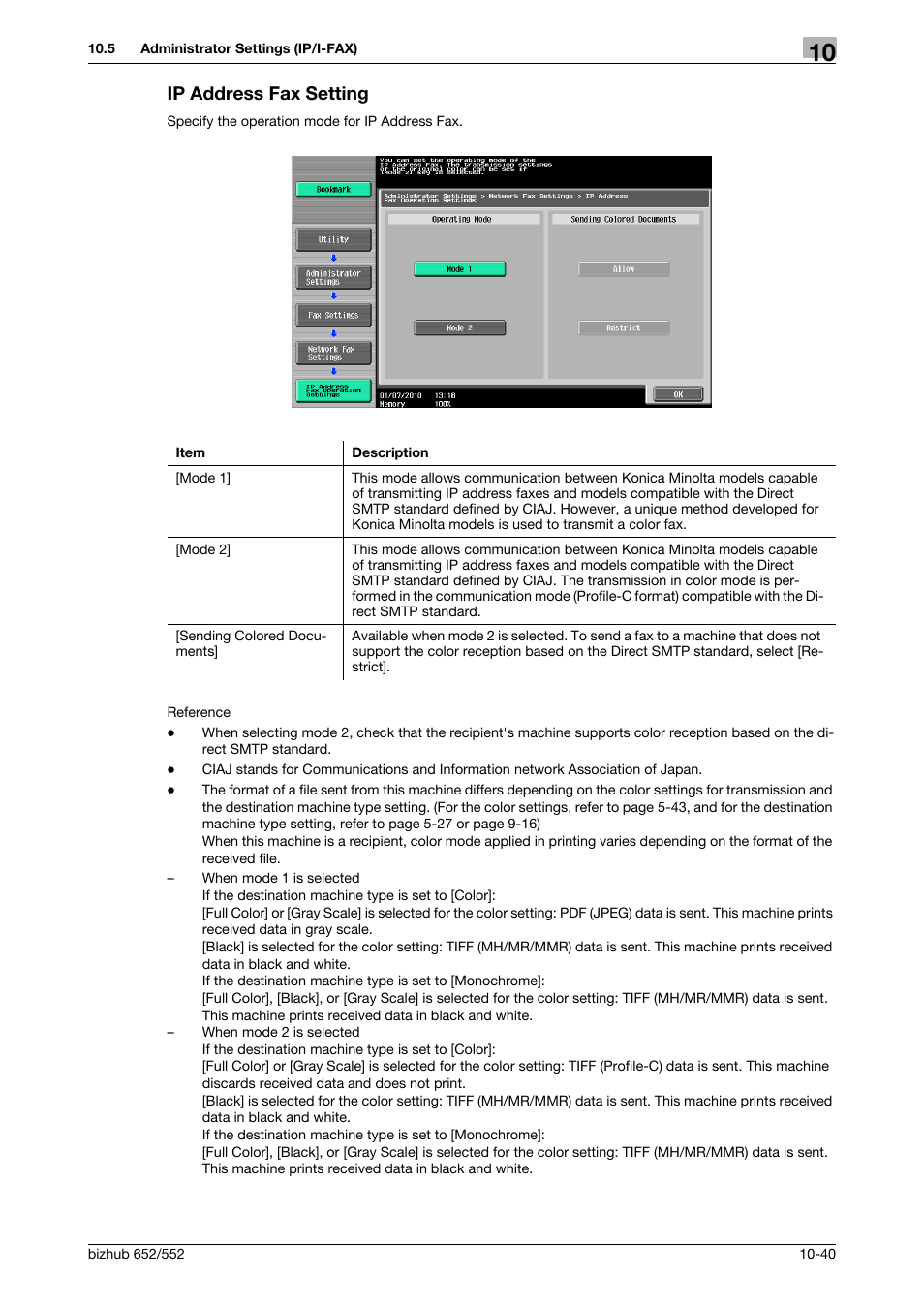 Ip address fax setting, Ip address fax setting -40, Ings] (p. 10-40) | Konica Minolta bizhub 552 User Manual | Page 245 / 310