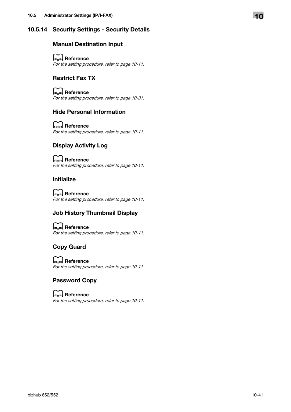 14 security settings - security details, Manual destination input, Restrict fax tx | Hide personal information, Display activity log, Initialize, Job history thumbnail display, Copy guard, Password copy | Konica Minolta bizhub 552 User Manual | Page 246 / 310