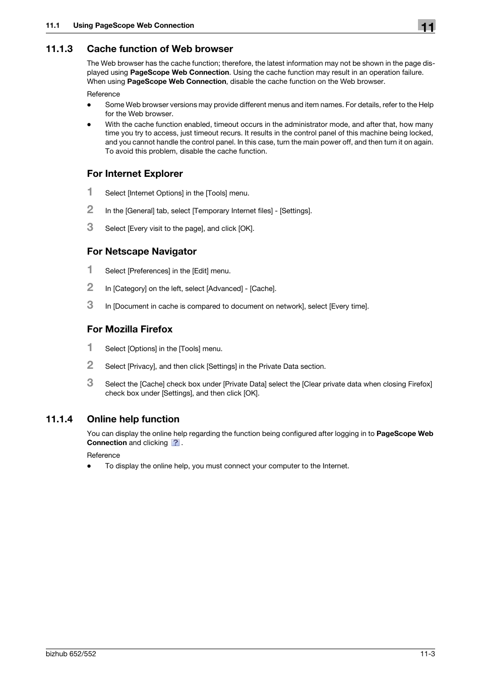 3 cache function of web browser, For internet explorer, For netscape navigator | For mozilla firefox, 4 online help function, Online help function -3 | Konica Minolta bizhub 552 User Manual | Page 249 / 310