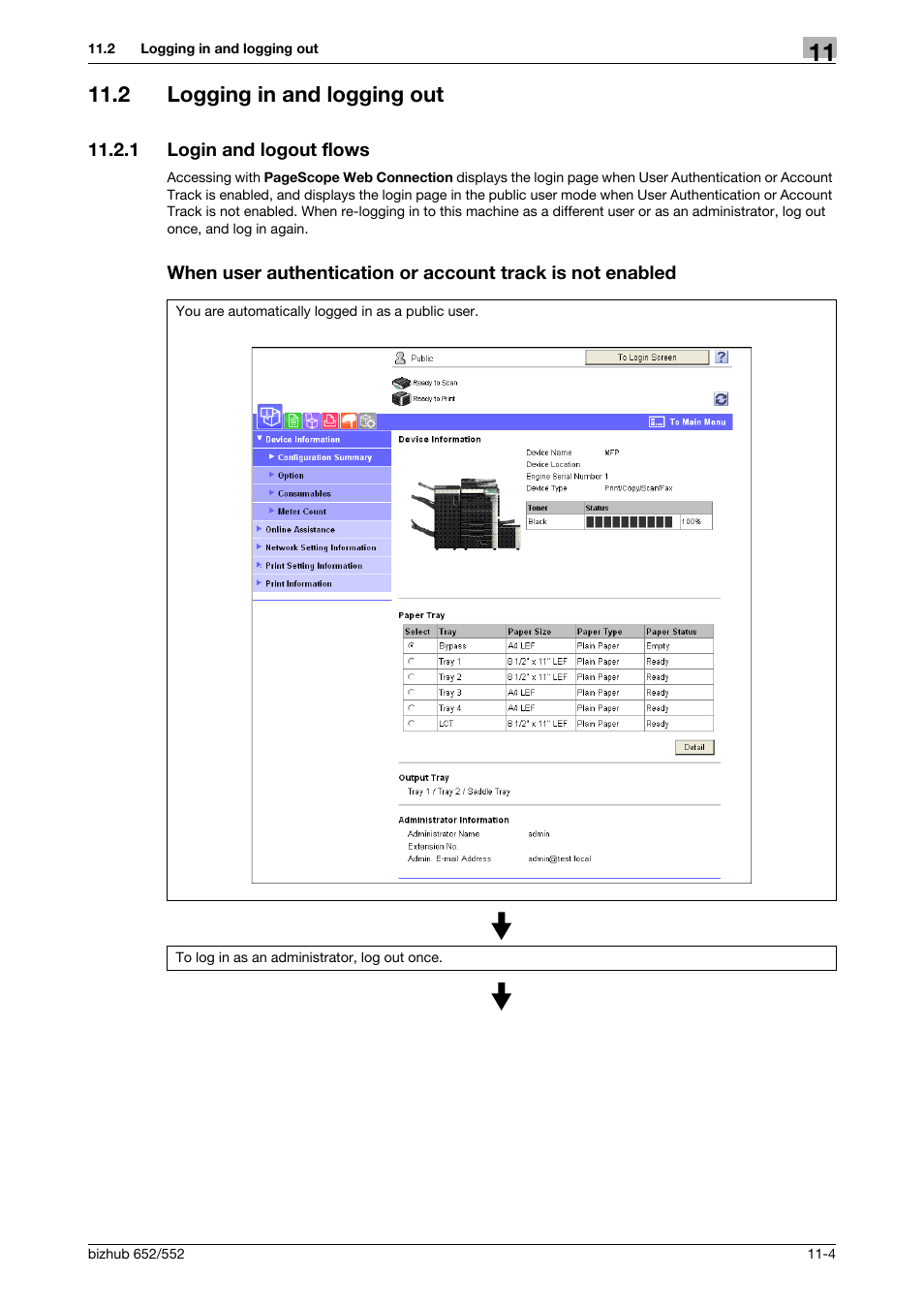 2 logging in and logging out, 1 login and logout flows, Logging in and logging out -4 | Konica Minolta bizhub 552 User Manual | Page 250 / 310