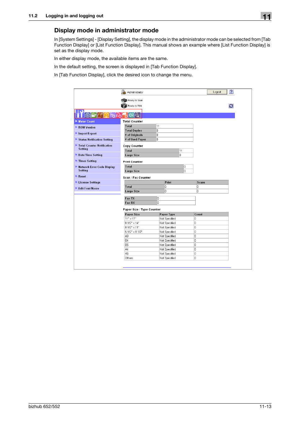 Display mode in administrator mode, Display mode in administrator mode -13 | Konica Minolta bizhub 552 User Manual | Page 259 / 310