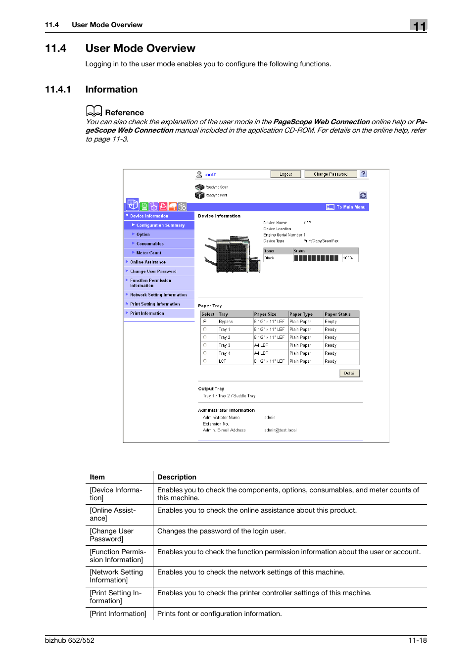 4 user mode overview, 1 information, User mode overview -18 | Information -18 | Konica Minolta bizhub 552 User Manual | Page 264 / 310