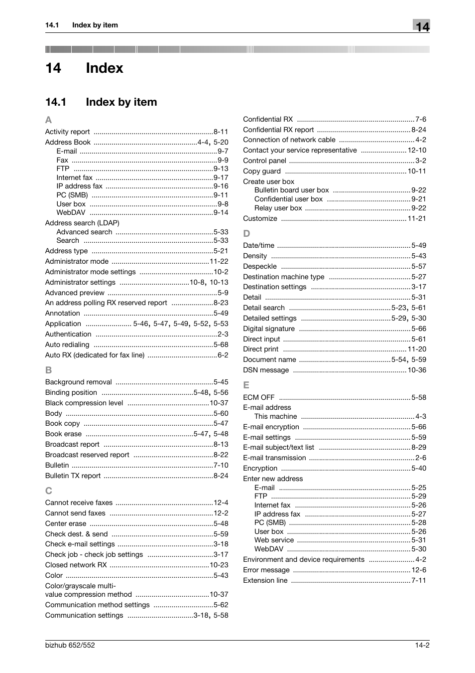 14 index, 1 index by item, Index | Index by item -2 | Konica Minolta bizhub 552 User Manual | Page 303 / 310