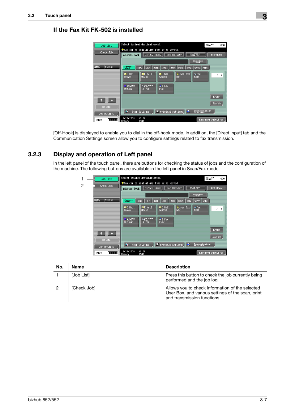 If the fax kit fk-502 is installed, 3 display and operation of left panel, If the fax kit fk-502 is installed -7 | Display and operation of left panel -7 | Konica Minolta bizhub 552 User Manual | Page 36 / 310