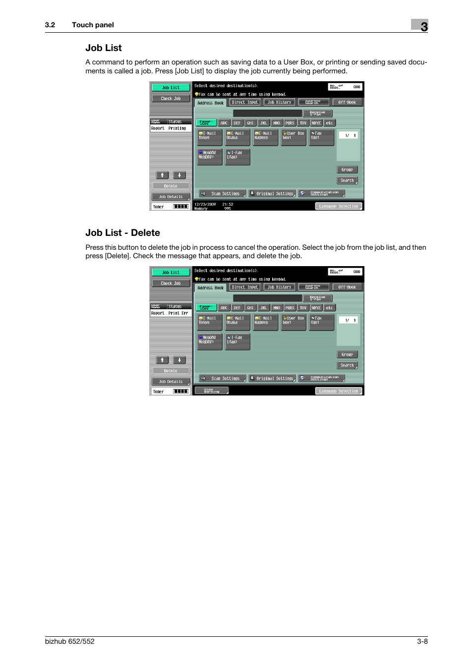 Job list, Job list - delete, Job list -8 job list - delete -8 | Konica Minolta bizhub 552 User Manual | Page 37 / 310