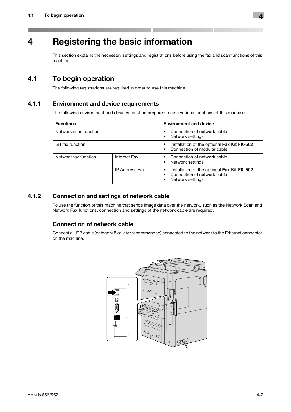 4 registering the basic information, 1 to begin operation, 1 environment and device requirements | 2 connection and settings of network cable, Connection of network cable, Registering the basic information, To begin operation -2, Environment and device requirements -2, 4registering the basic information | Konica Minolta bizhub 552 User Manual | Page 49 / 310