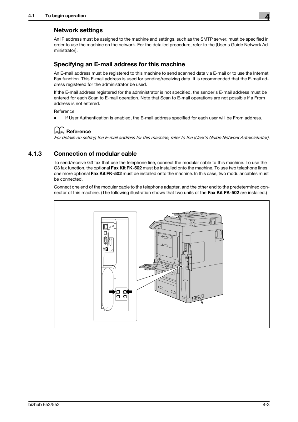 Network settings, Specifying an e-mail address for this machine, 3 connection of modular cable | Connection of modular cable -3 | Konica Minolta bizhub 552 User Manual | Page 50 / 310