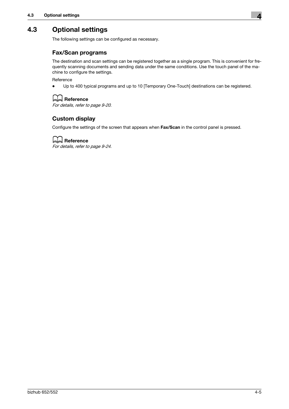 3 optional settings, Fax/scan programs, Custom display | Konica Minolta bizhub 552 User Manual | Page 52 / 310