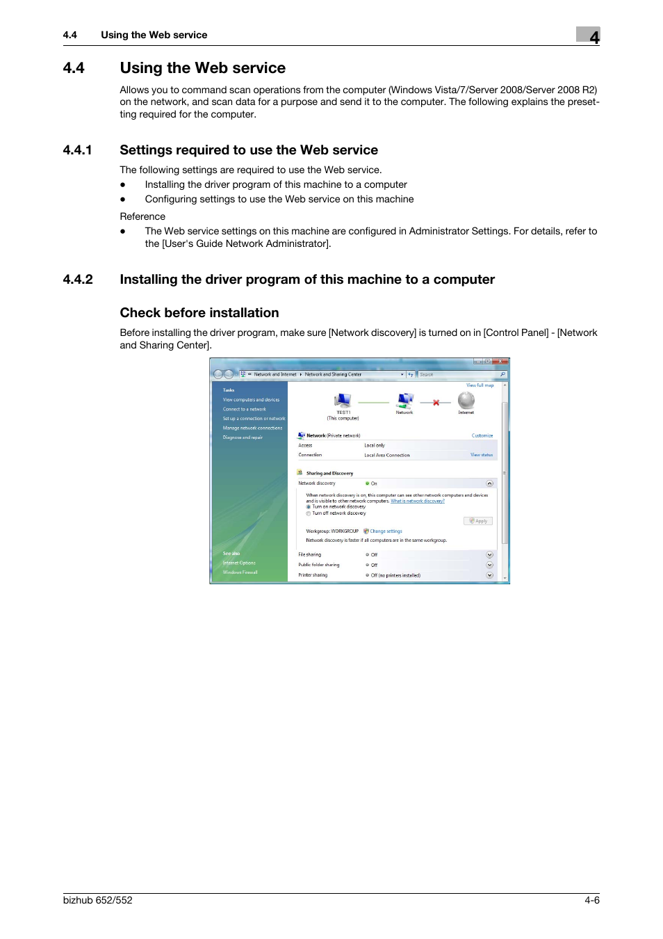 4 using the web service, 1 settings required to use the web service, Check before installation | Using the web service -6, Settings required to use the web service -6 | Konica Minolta bizhub 552 User Manual | Page 53 / 310