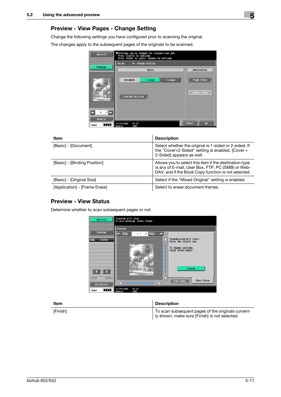 Preview - view status, Preview - view pages - change setting | Konica Minolta bizhub 552 User Manual | Page 65 / 310