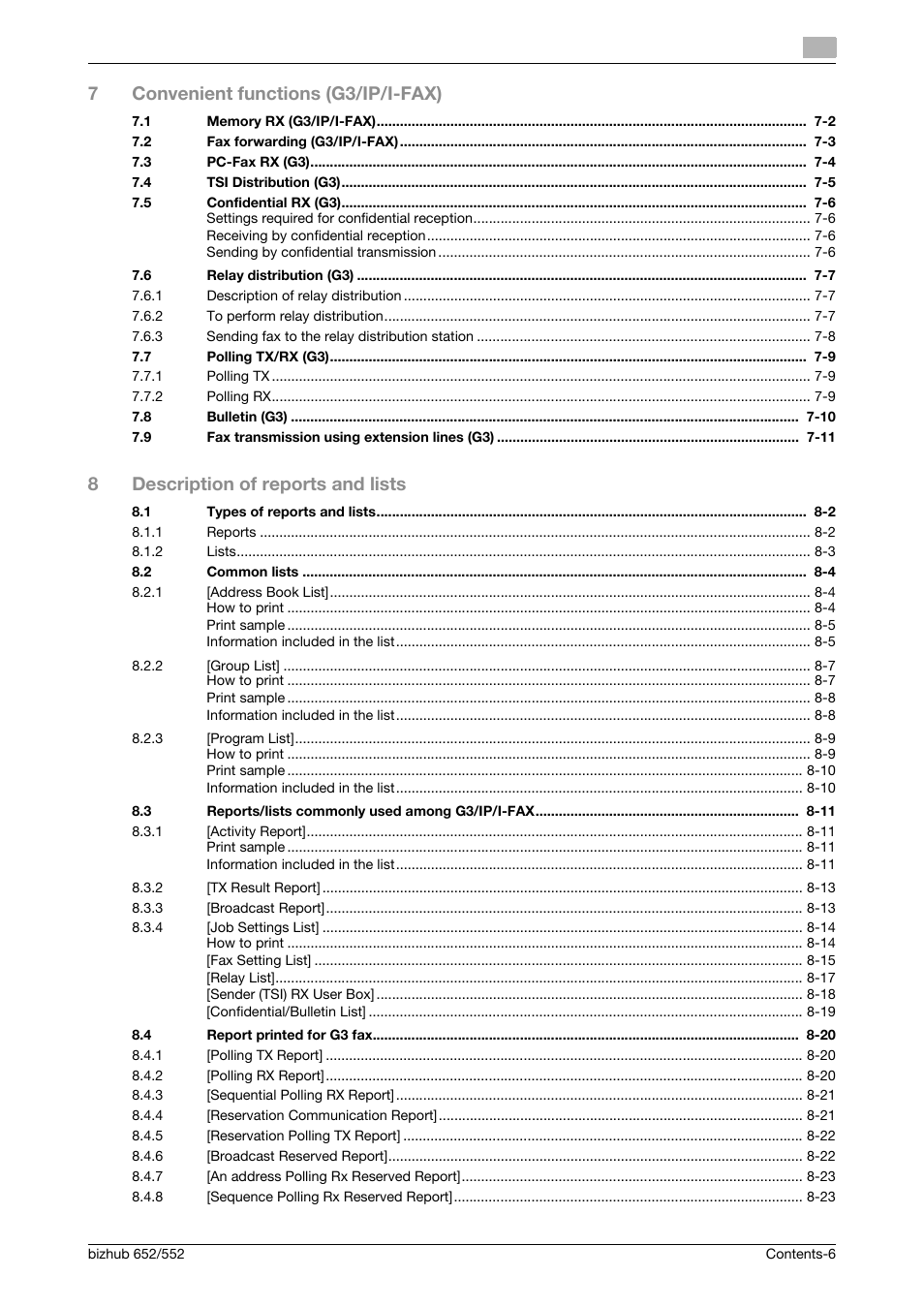 7convenient functions (g3/ip/i-fax), 8description of reports and lists | Konica Minolta bizhub 552 User Manual | Page 7 / 310