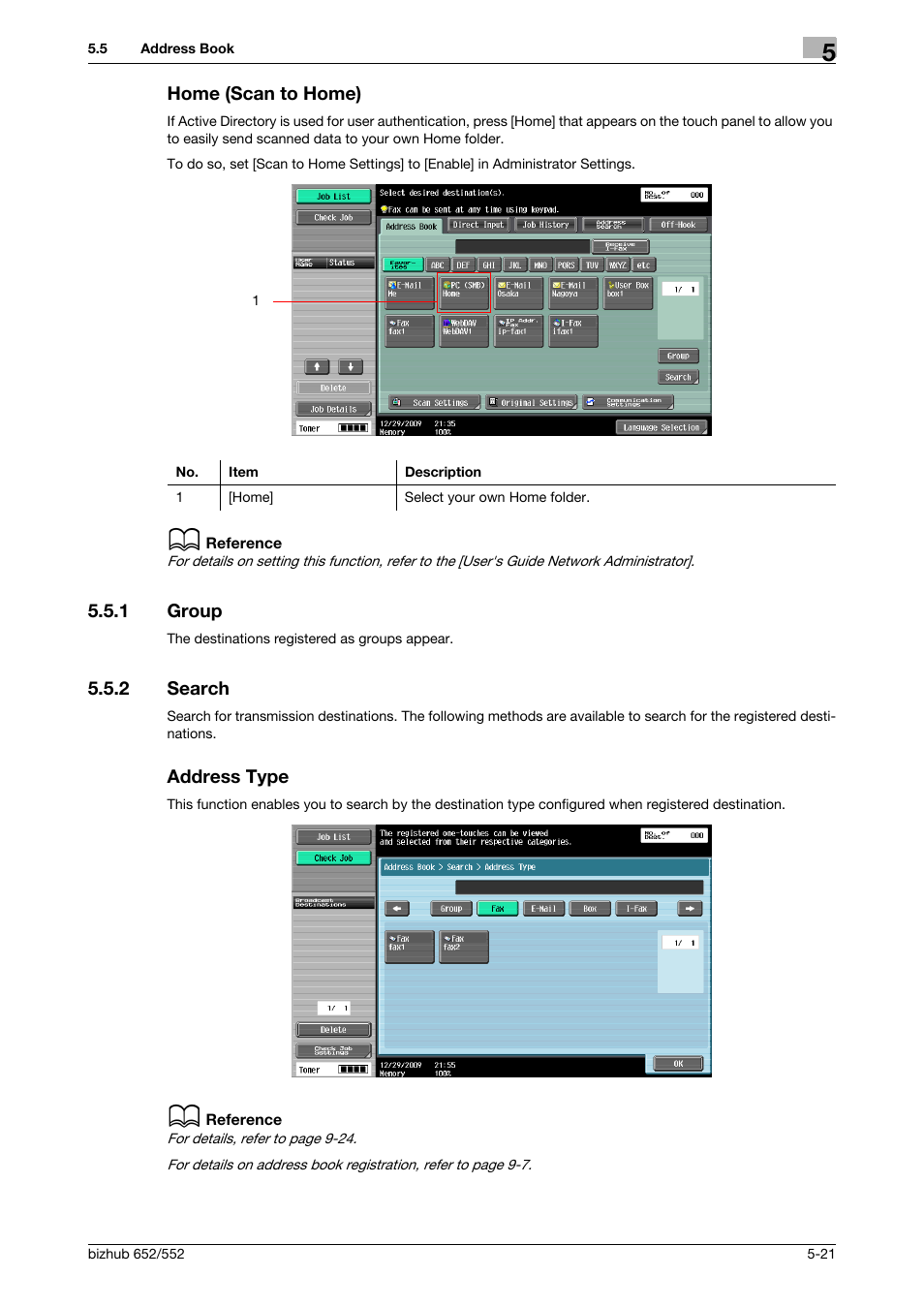 Home (scan to home), 1 group, 2 search | Address type, Home (scan to home) -21, Group -21, Search -21 address type -21, Search] (p. 5-21) | Konica Minolta bizhub 552 User Manual | Page 75 / 310
