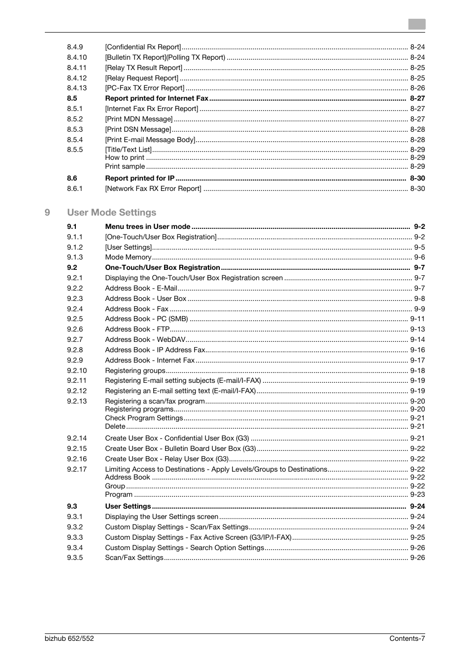 9user mode settings | Konica Minolta bizhub 552 User Manual | Page 8 / 310