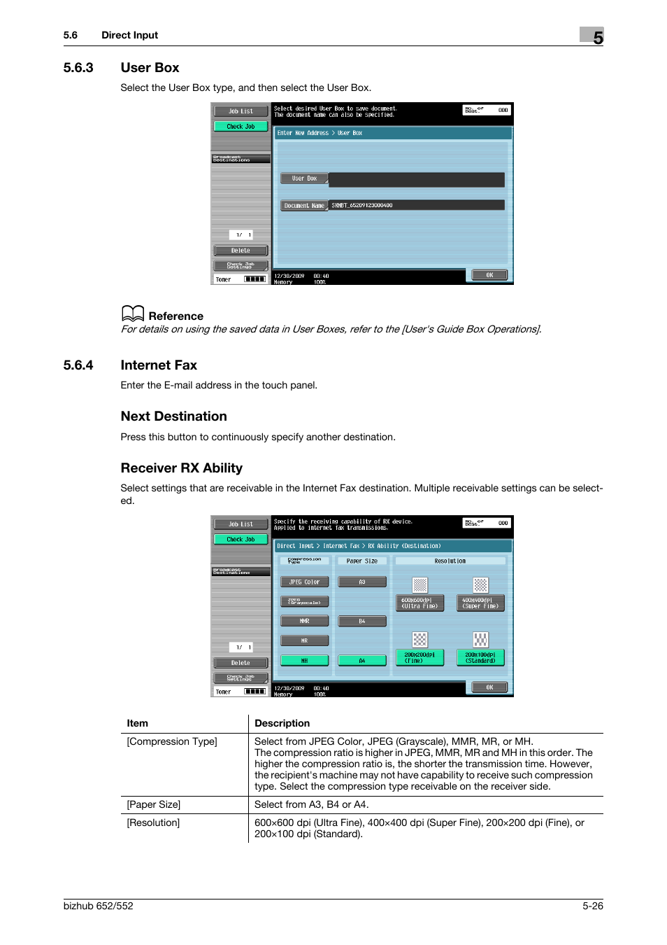 3 user box, 4 internet fax, Next destination | Receiver rx ability, User box -26, P. 5-26) | Konica Minolta bizhub 552 User Manual | Page 80 / 310