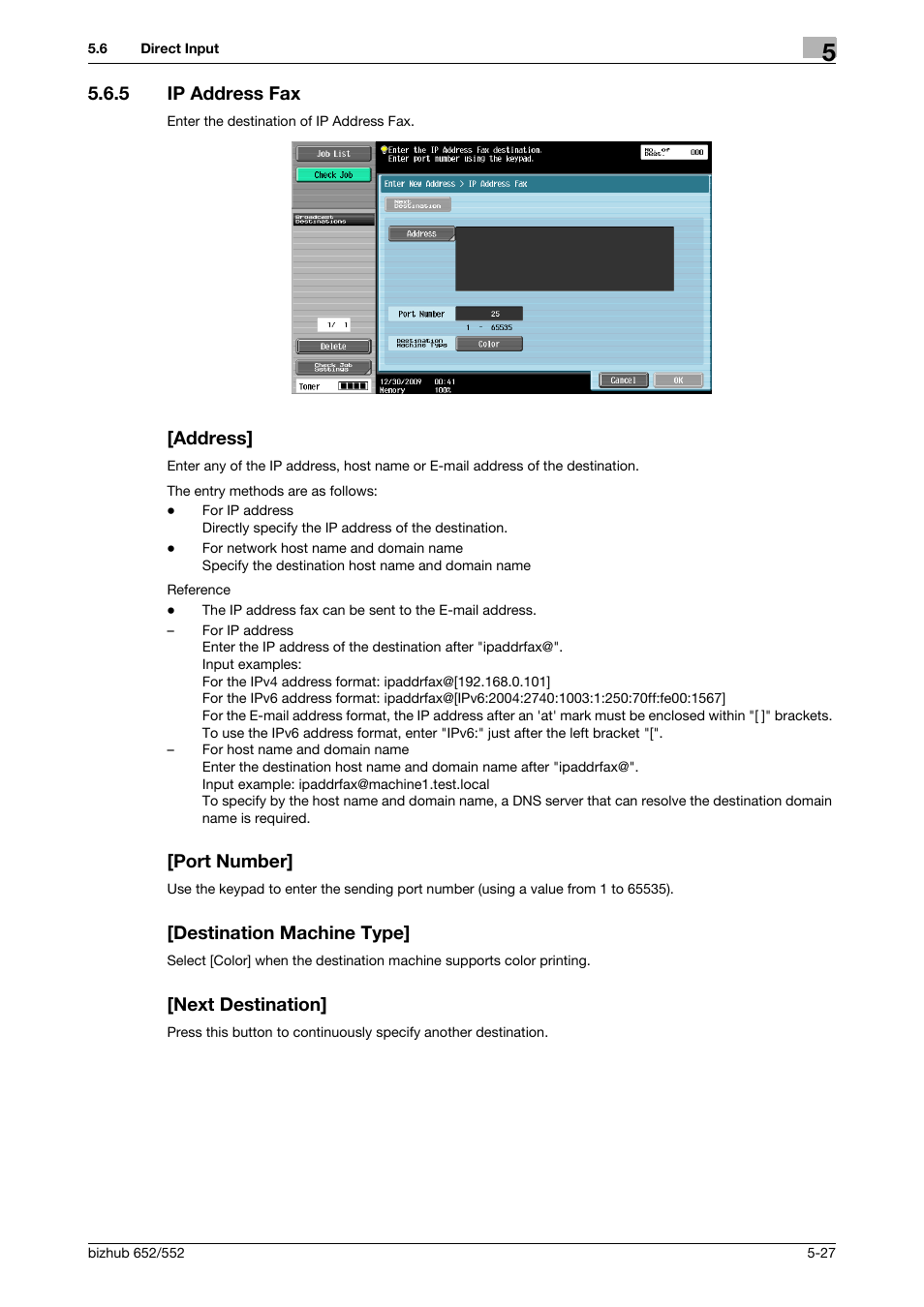 5 ip address fax, Address, Port number | Destination machine type, Next destination, Fax] (p. 5-27) | Konica Minolta bizhub 552 User Manual | Page 81 / 310